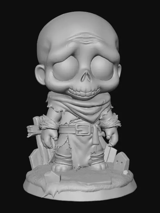3D model for A 3D image of a chibi-style Dungeons & Dragons undead body recently raised from the grave wearing detailed dirt-stained ragged medieval clothing, large eyes, slumped forward pose, standing on a round graveyard themed base, highly stylized, bold and thick details, solid colored background.