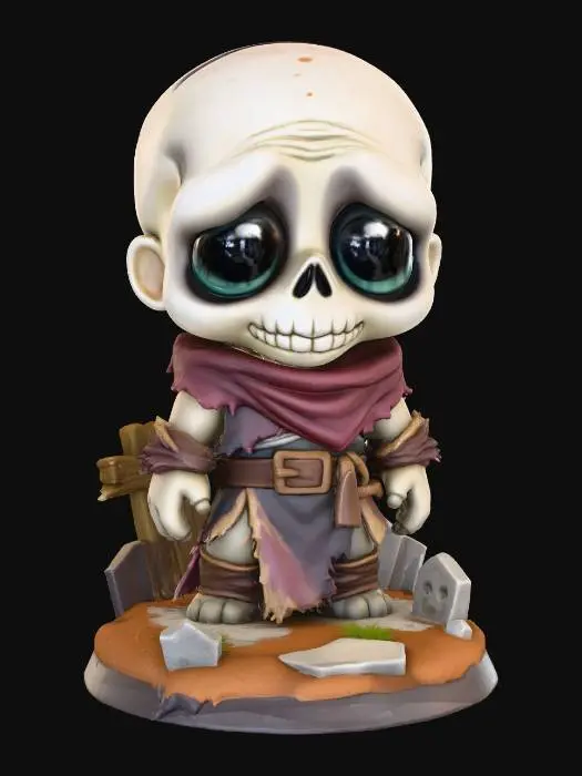 3D model for A 3D image of a chibi-style Dungeons & Dragons undead body recently raised from the grave wearing detailed dirt-stained ragged medieval clothing, large eyes, slumped forward pose, standing on a round graveyard themed base, highly stylized, bold and thick details, solid colored background.
