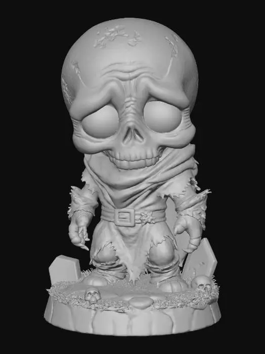 3D model for A 3D image of a chibi-style Dungeons & Dragons undead body recently raised from the grave wearing detailed dirt-stained ragged medieval clothing, large eyes, slumped forward pose, standing on a round graveyard themed base, highly stylized, bold and thick details, solid colored background.
