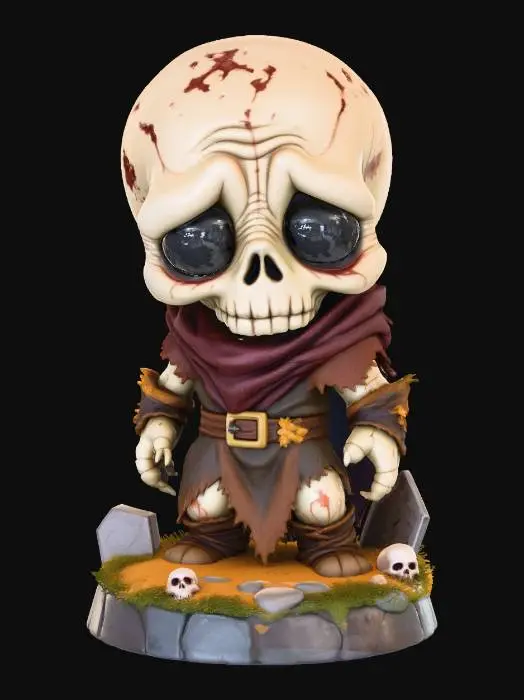 3D model for A 3D image of a chibi-style Dungeons & Dragons undead body recently raised from the grave wearing detailed dirt-stained ragged medieval clothing, large eyes, slumped forward pose, standing on a round graveyard themed base, highly stylized, bold and thick details, solid colored background.