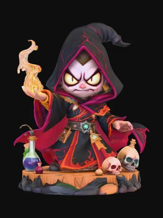 3D model for A 3D image of a chibi-style Dungeons & Dragons evil sorcerer wearing black robes embellished with flames, large eyes, menacing expression, casing a spell, standing on a round wood textured base decorated with items from an evil workshop, highly stylized, bold and thick details, solid colored background.