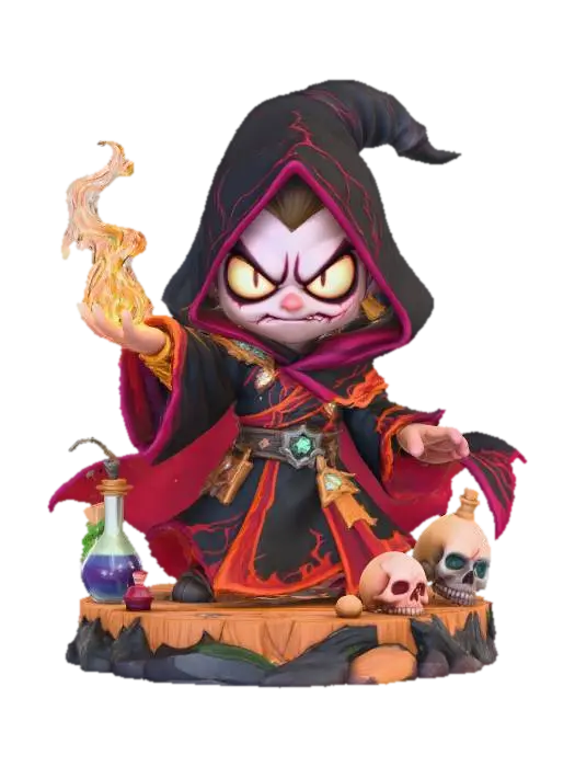 A 3D image of a chibi-style Dungeons & Dragons evil sorcerer wearing black robes… 3D model, vytvořený pomocí AI