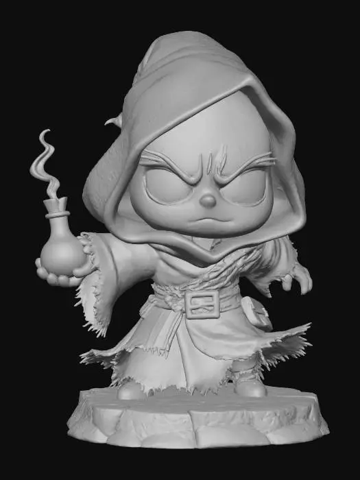 3D model for A 3D image of a chibi-style Dungeons & Dragons evil sorcerer's assistant wearing tattered black robes , large eyes, hunched over pose, holding out a potion bottle, standing on a round wood textured base, highly stylized, bold and thick details, solid colored background.