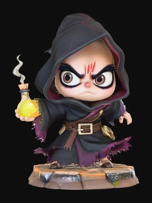 3D model for A 3D image of a chibi-style Dungeons & Dragons evil sorcerer's assistant wearing tattered black robes , large eyes, hunched over pose, holding out a potion bottle, standing on a round wood textured base, highly stylized, bold and thick details, solid colored background.