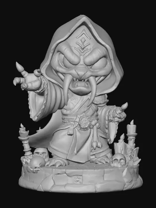 3D model for A 3D image of a chibi-style Dungeons & Dragons evil snake priest wearing green and gold robes, large eyes, forked tongue, menacing expression, casing a spell, standing on a round wood textured base decorated with items from an evil temple, highly stylized, bold and thick details, solid colored background.
