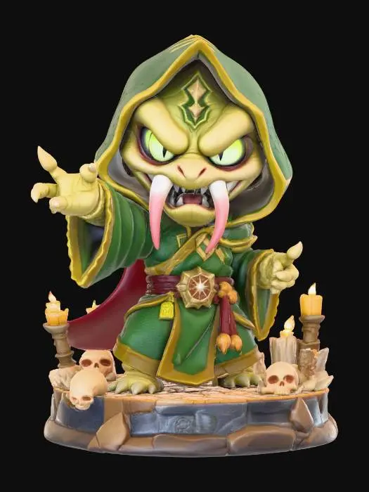 3D model for A 3D image of a chibi-style Dungeons & Dragons evil snake priest wearing green and gold robes, large eyes, forked tongue, menacing expression, casing a spell, standing on a round wood textured base decorated with items from an evil temple, highly stylized, bold and thick details, solid colored background.