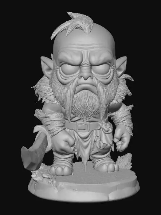 3D model for A 3D image of a chibi-style Dungeons & Dragons thrall wearing detailed dirt-stained ragged medieval clothing, large eyes, slumped forward pose, standing on a round swamp themed base, highly stylized, bold and thick details, solid colored background.