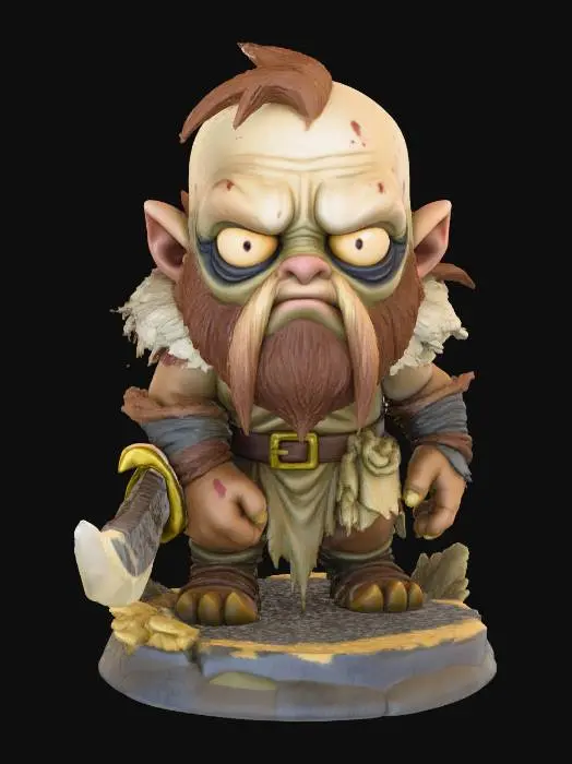 3D model for A 3D image of a chibi-style Dungeons & Dragons thrall wearing detailed dirt-stained ragged medieval clothing, large eyes, slumped forward pose, standing on a round swamp themed base, highly stylized, bold and thick details, solid colored background.