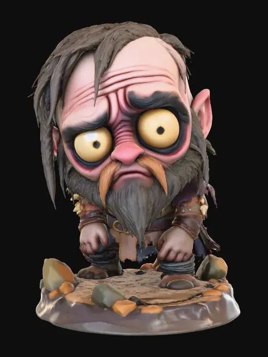 3D model for A 3D image of a chibi-style Dungeons & Dragons thrall wearing detailed dirt-stained ragged medieval clothing, large eyes, slumped forward pose, standing on a round swamp themed base, highly stylized, bold and thick details, solid colored background.