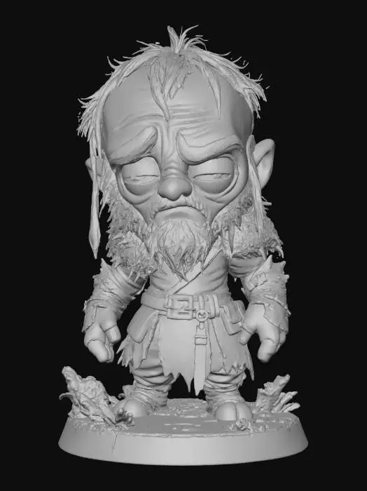 3D model for A 3D image of a chibi-style Dungeons & Dragons thrall wearing detailed dirt-stained ragged medieval clothing, large eyes, slumped forward pose, standing on a round swamp themed base, highly stylized, bold and thick details, solid colored background.