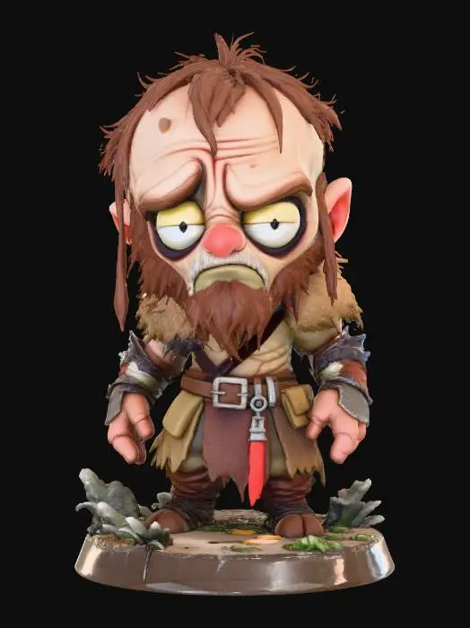 3D model for A 3D image of a chibi-style Dungeons & Dragons thrall wearing detailed dirt-stained ragged medieval clothing, large eyes, slumped forward pose, standing on a round swamp themed base, highly stylized, bold and thick details, solid colored background.