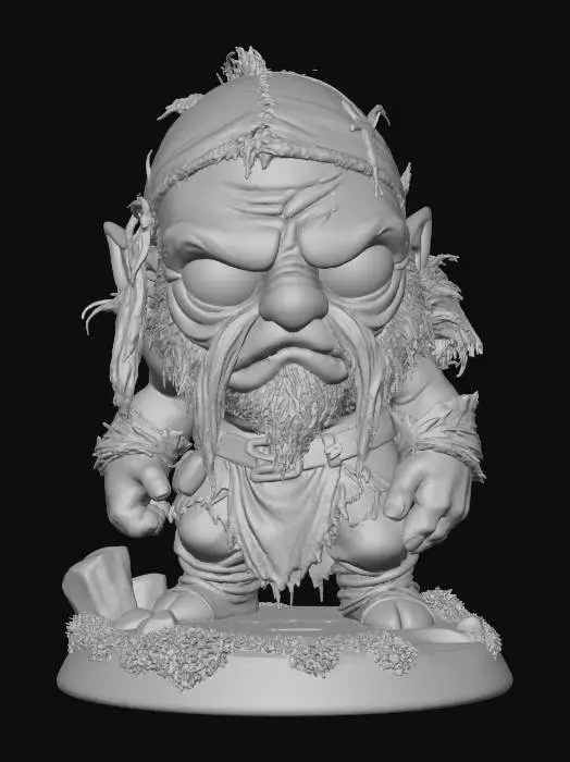 3D model for A 3D image of a chibi-style Dungeons & Dragons thrall wearing detailed dirt-stained ragged medieval clothing, large eyes, slumped forward pose, standing on a round swamp themed base, highly stylized, bold and thick details, solid colored background.