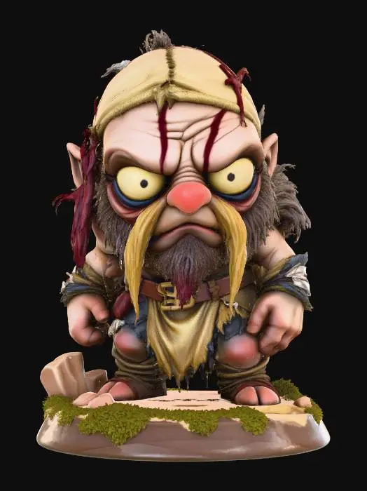 3D model for A 3D image of a chibi-style Dungeons & Dragons thrall wearing detailed dirt-stained ragged medieval clothing, large eyes, slumped forward pose, standing on a round swamp themed base, highly stylized, bold and thick details, solid colored background.