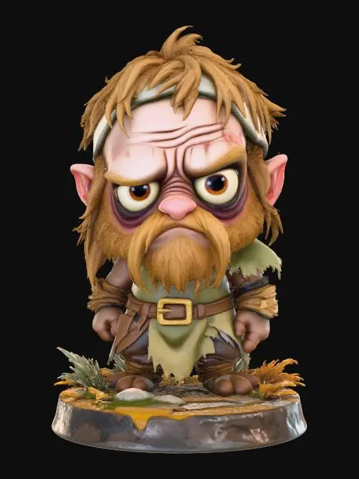 3D model for A 3D image of a chibi-style Dungeons & Dragons thrall wearing detailed dirt-stained ragged medieval clothing, large eyes, slumped forward pose, standing on a round swamp themed base, highly stylized, bold and thick details, solid colored background.