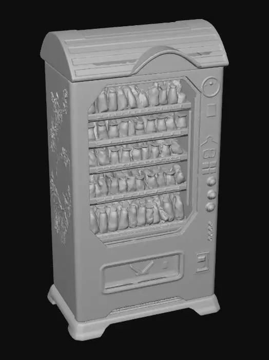 3D model for A 3D image a Japanese-style vending machine, highly stylized, simple, bold and thick details optimized for 3D printing, hollow interior, solid background color.