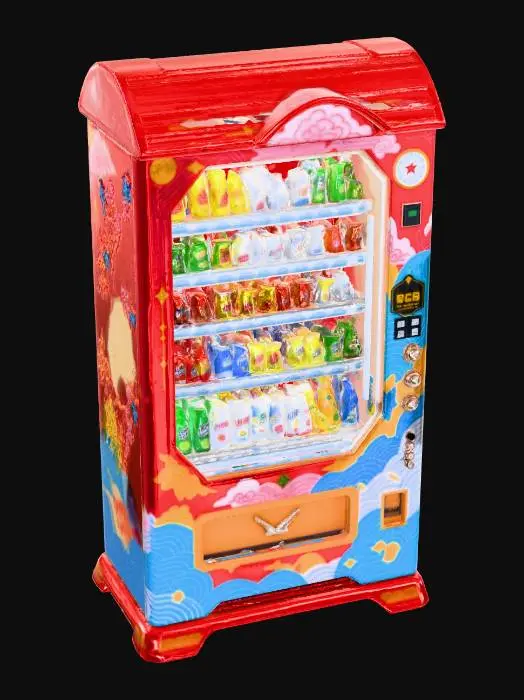 3D model for A 3D image a Japanese-style vending machine, highly stylized, simple, bold and thick details optimized for 3D printing, hollow interior, solid background color.