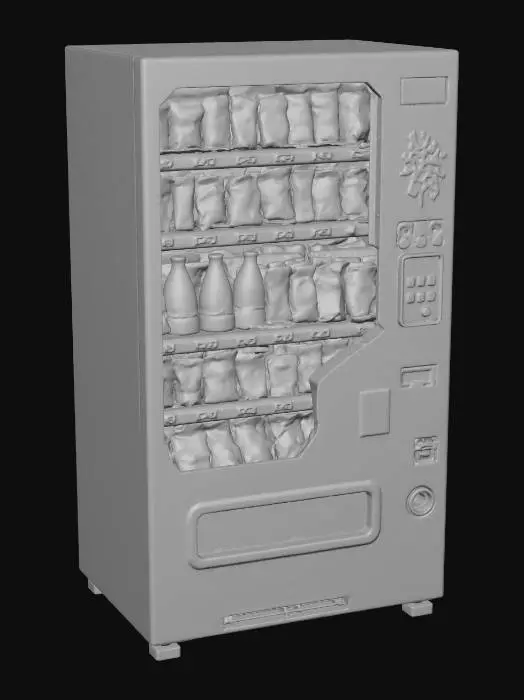 3D model for A 3D image a Japanese-style vending machine, highly stylized, simple, bold and thick details optimized for 3D printing, hollow interior, solid background color.