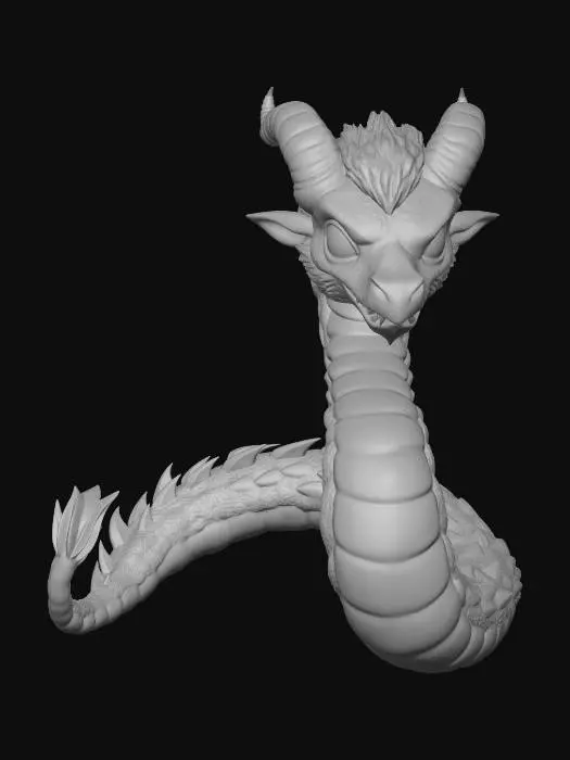 3D model for A 3D image of a chibi-style serpentine sheep dragon, long and thing, wooly white skin, black head and face, sharp teeth, curled horns, no wings or legs, highly stylized, thick and bold details, solid colored background.