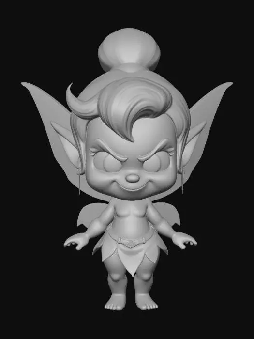 3D model for A 3D image of a chibi-style pixie, green tinted skin, large eyes, mischievous expression, small wings, standing on her toes, highly stylized, thick and bold details, solid colored background.