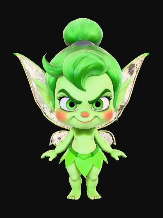 3D model for A 3D image of a chibi-style pixie, green tinted skin, large eyes, mischievous expression, small wings, standing on her toes, highly stylized, thick and bold details, solid colored background.