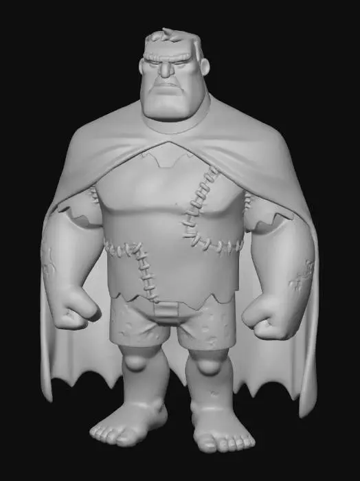 3D model for A 3D image of a pixar-like ex-marine wearing a batman-like cloak, an undershirt that is badly stitched together, white boxer shorts with red hearts on them, and is barefoot with perfectly pedicured feet, highly stylized, thick and bold details, solid colored background.