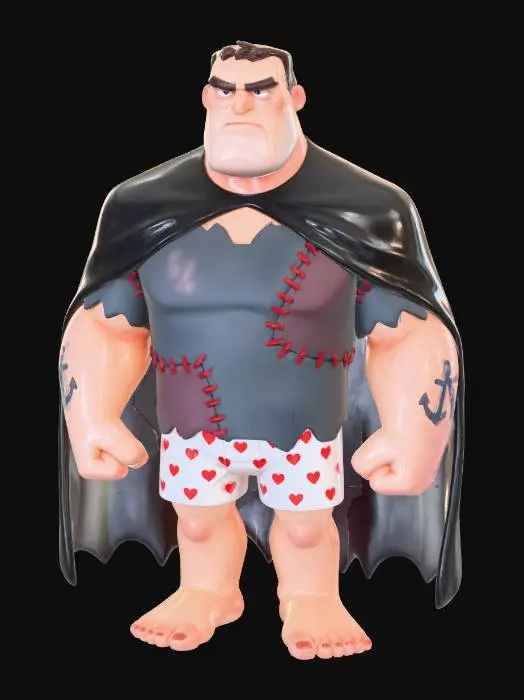 3D model for A 3D image of a pixar-like ex-marine wearing a batman-like cloak, an undershirt that is badly stitched together, white boxer shorts with red hearts on them, and is barefoot with perfectly pedicured feet, highly stylized, thick and bold details, solid colored background.