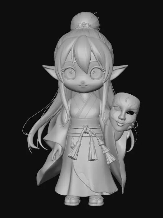 3D model for A full-length 3D image of a chibi-style female high elf bard, large eyes, clever expression, wearing traditional Ghibli-style Japanese clothing, holding a Japanese mask, thick and bold details, solid colored background.