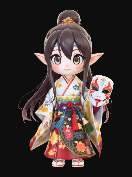 3D model for A full-length 3D image of a chibi-style female high elf bard, large eyes, clever expression, wearing traditional Ghibli-style Japanese clothing, holding a Japanese mask, thick and bold details, solid colored background.