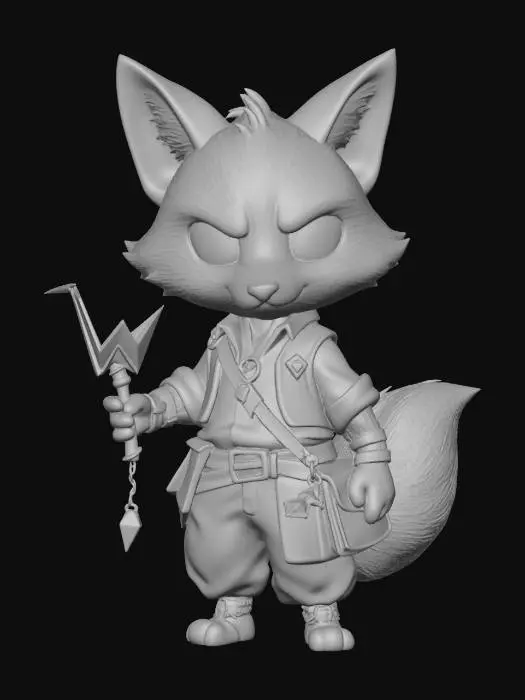 3D model for A full-length 3D image of a chibi-style red fox origami mage, large eyes, clever expression, wearing loose trousers, a cream colored shirt, a brown vest, leather satchel, carrying an origami crane, thick and bold details, solid colored background.