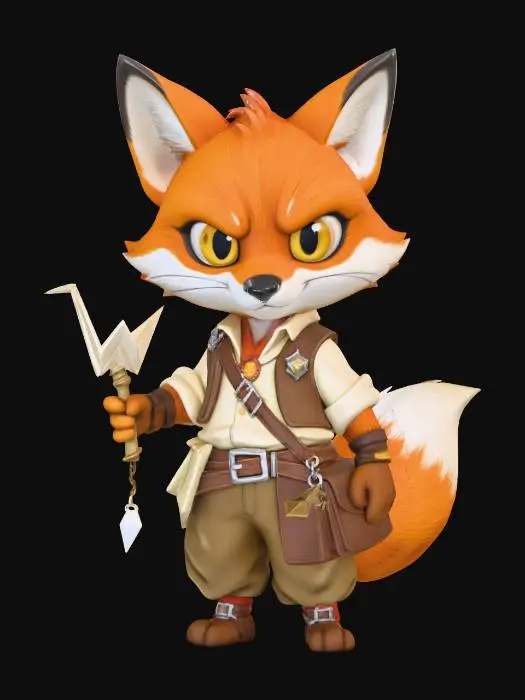3D model for A full-length 3D image of a chibi-style red fox origami mage, large eyes, clever expression, wearing loose trousers, a cream colored shirt, a brown vest, leather satchel, carrying an origami crane, thick and bold details, solid colored background.