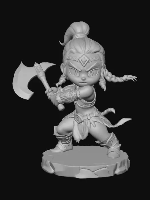3D model for A 3D image of a chibi-style Dungeons & Dragons female Latinx barbarian wearing hide armor, large eyes, fierce expression, holding a battle axe mid-swing, attack pose, standing on a round rocky base, highly stylized, bold and thick details, solid colored background.