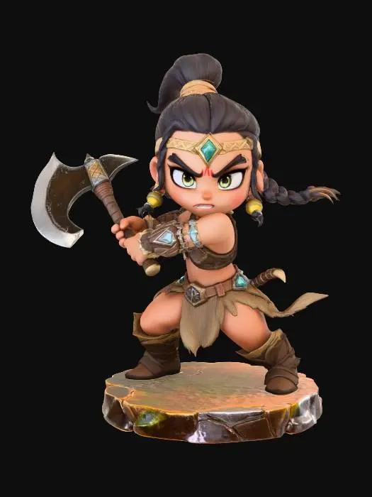 3D model for A 3D image of a chibi-style Dungeons & Dragons female Latinx barbarian wearing hide armor, large eyes, fierce expression, holding a battle axe mid-swing, attack pose, standing on a round rocky base, highly stylized, bold and thick details, solid colored background.