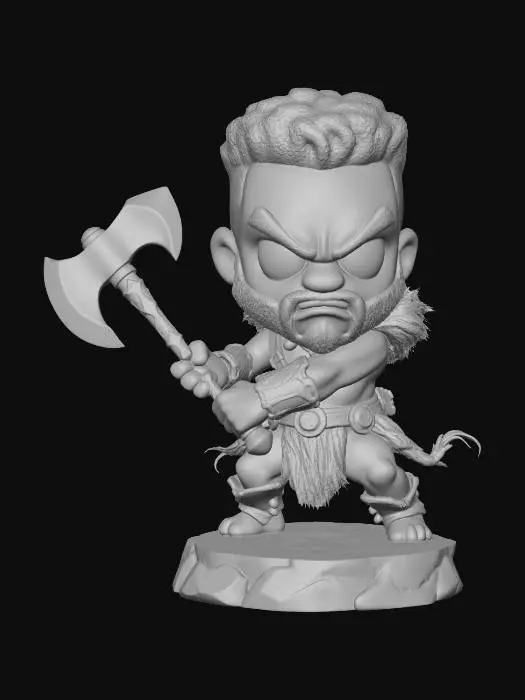 3D model for A 3D image of a chibi-style Dungeons & Dragons African-American barbarian wearing hide armor, large eyes, fierce expression, holding a battle axe mid-swing, attack pose, standing on a round rocky base, highly stylized, bold and thick details, solid colored background.