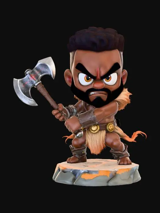 3D model for A 3D image of a chibi-style Dungeons & Dragons African-American barbarian wearing hide armor, large eyes, fierce expression, holding a battle axe mid-swing, attack pose, standing on a round rocky base, highly stylized, bold and thick details, solid colored background.