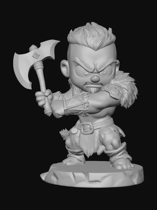 3D model for A 3D image of a chibi-style Dungeons & Dragons male Latinx barbarian wearing hide armor, large eyes, fierce expression, holding a battle axe mid-swing, attack pose, standing on a round rocky base, highly stylized, bold and thick details, solid colored background.