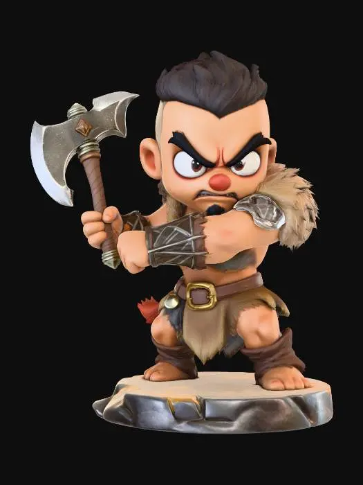 3D model for A 3D image of a chibi-style Dungeons & Dragons male Latinx barbarian wearing hide armor, large eyes, fierce expression, holding a battle axe mid-swing, attack pose, standing on a round rocky base, highly stylized, bold and thick details, solid colored background.