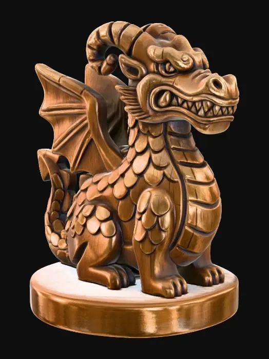 3D model for A 3D image of a simple wooden carved dragon shape standing on a round base.  Thick and bold details.  Deeply etched and embossed details. Solid colored background.