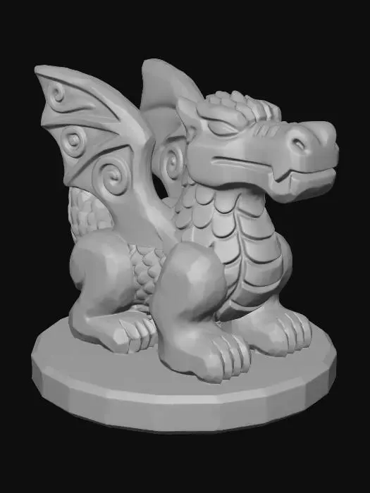 3D model for A 3D image of a simple wooden carved dragon shape standing on a round base.  Thick and bold details.  Deeply etched and embossed details. Solid colored background.