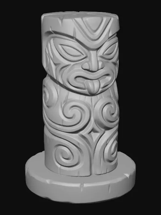 3D model for A 3D image of a simple wooden carved spirit shape standing on a round base.  Thick and bold details.  Deeply etched and embossed details. Solid colored background.