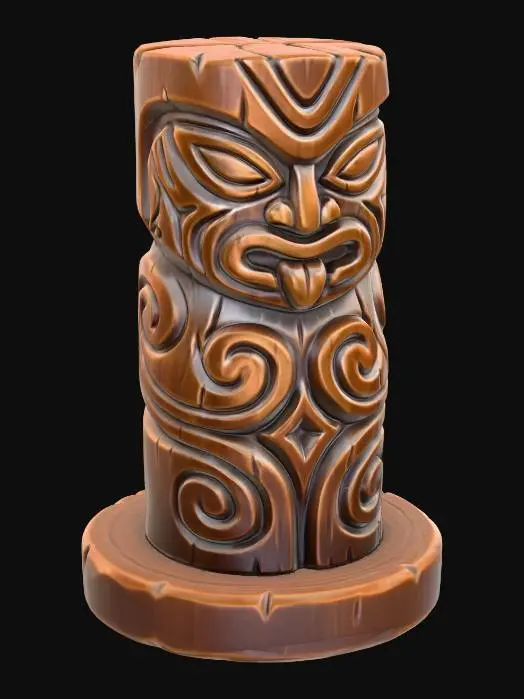 3D model for A 3D image of a simple wooden carved spirit shape standing on a round base.  Thick and bold details.  Deeply etched and embossed details. Solid colored background.