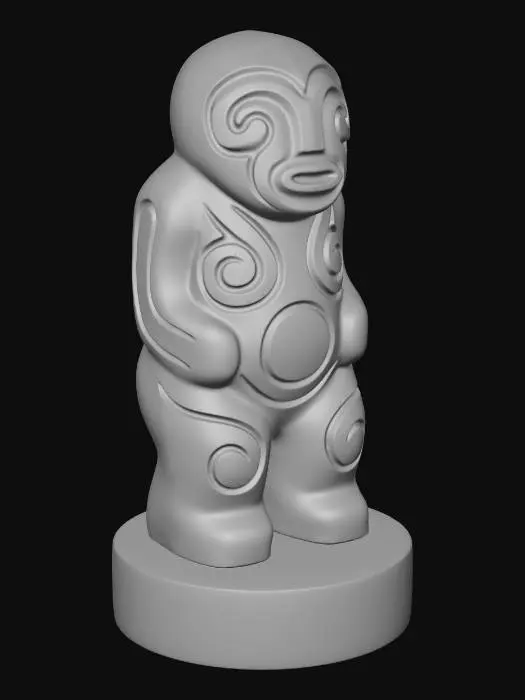 3D model for A 3D image of a simple wooden carved spirit shape standing on a round base.  Thick and bold details.  Deeply etched and embossed details. Solid colored background.