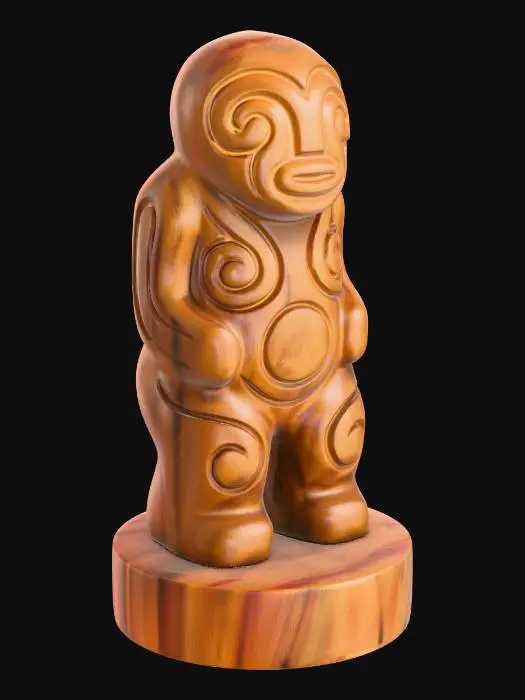 3D model for A 3D image of a simple wooden carved spirit shape standing on a round base.  Thick and bold details.  Deeply etched and embossed details. Solid colored background.