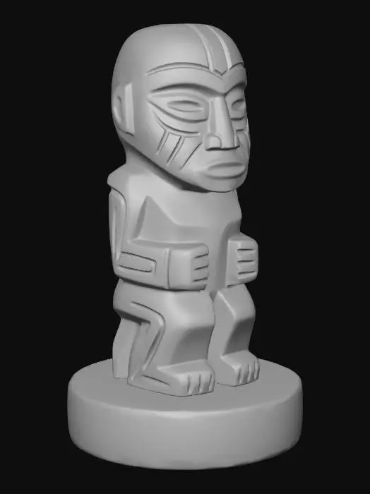 3D model for A 3D image of a simple wooden carved spirit shape standing on a round base.  Thick and bold details.  Deeply etched and embossed details. Solid colored background.