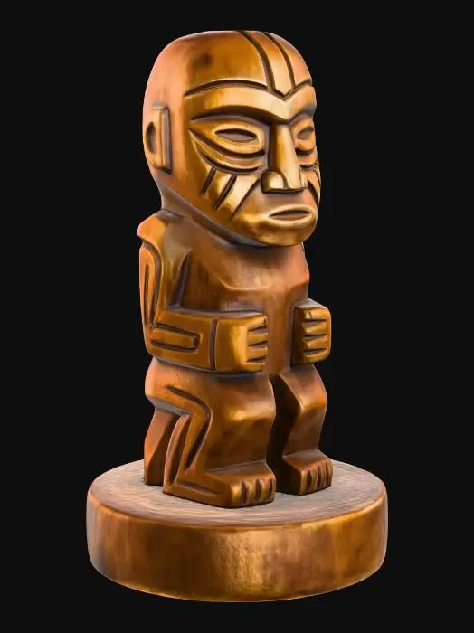 3D model for A 3D image of a simple wooden carved spirit shape standing on a round base.  Thick and bold details.  Deeply etched and embossed details. Solid colored background.