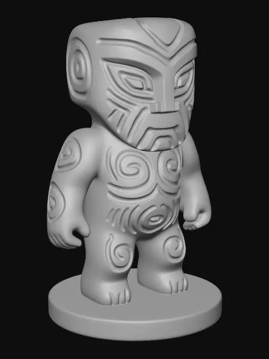 3D model for A 3D image of a simple wooden carved spirit shape standing on a round base.  Thick and bold details.  Deeply etched and embossed details. Solid colored background.