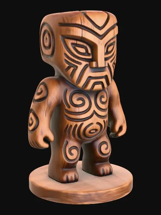 3D model for A 3D image of a simple wooden carved spirit shape standing on a round base.  Thick and bold details.  Deeply etched and embossed details. Solid colored background.