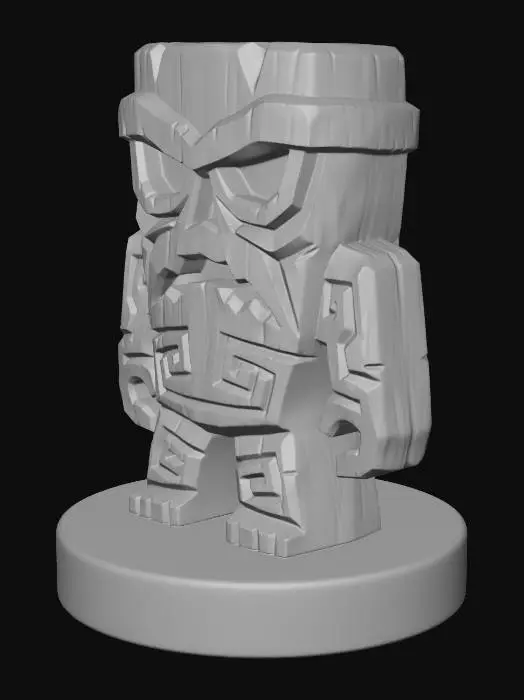 3D model for A 3D image of a simple wooden carved monster shape, indigenous, menacing, standing on a round base.  Thick and bold details.  Deeply etched and embossed details. Solid colored background.