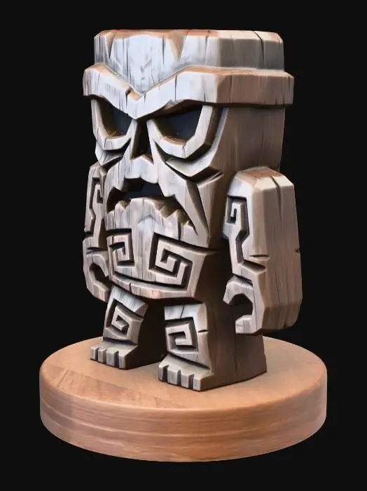 3D model for A 3D image of a simple wooden carved monster shape, indigenous, menacing, standing on a round base.  Thick and bold details.  Deeply etched and embossed details. Solid colored background.