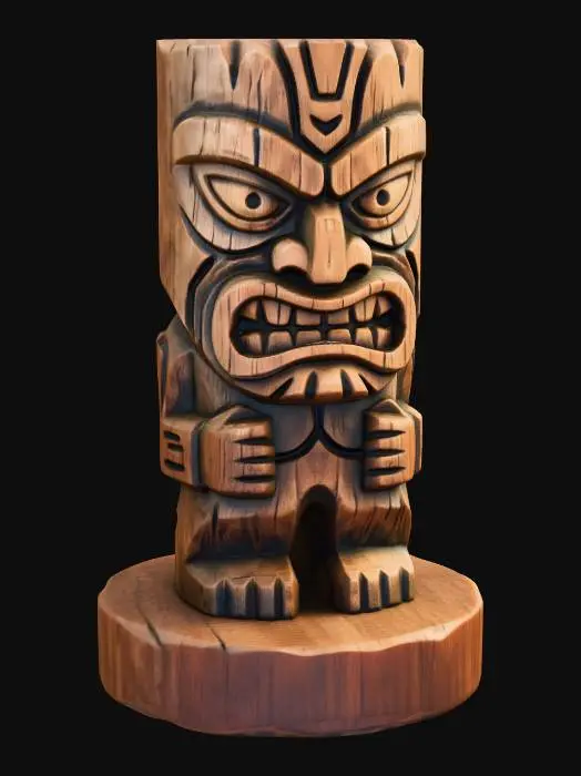 3D model for A 3D image of a simple wooden carved monster shape, indigenous, menacing, standing on a round base.  Thick and bold details.  Deeply etched and embossed details. Solid colored background.