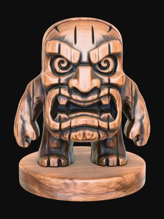 3D model for A 3D image of a simple wooden carved monster shape, indigenous, menacing, standing on a round base.  Thick and bold details.  Deeply etched and embossed details. Solid colored background.